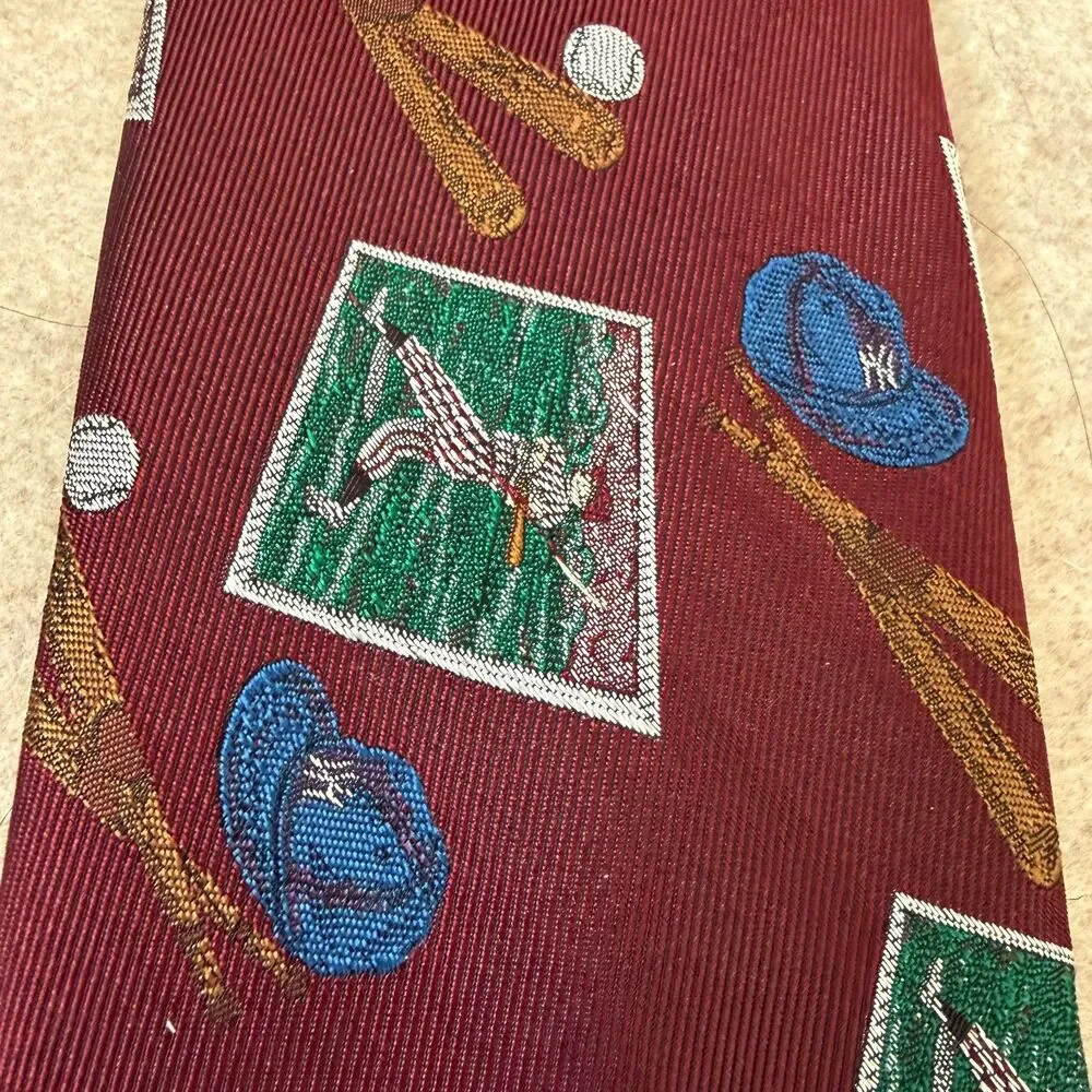 Vintage Robert Talbott silk necktie burgundy baseball novelty sports graphic USA